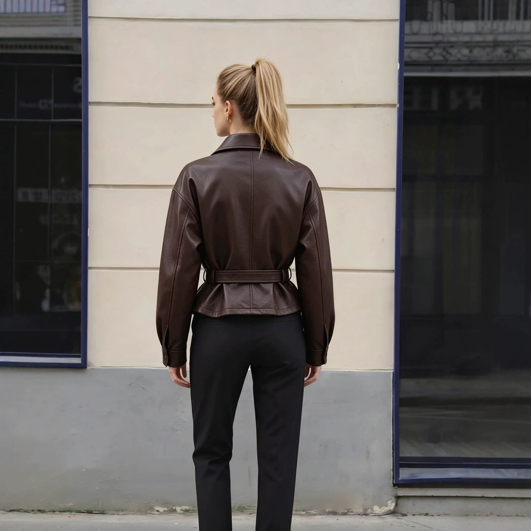 Damen Lederjacke mit Taillengürtel und Oversized-Schnitt Shop Nory