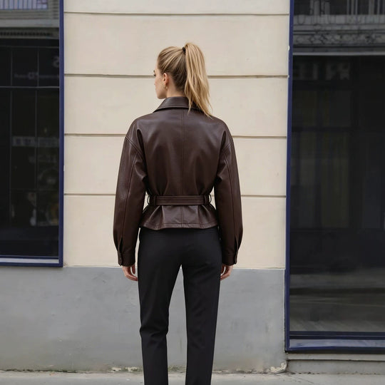 Damen Lederjacke mit Taillengürtel und Oversized-Schnitt Shop Nory
