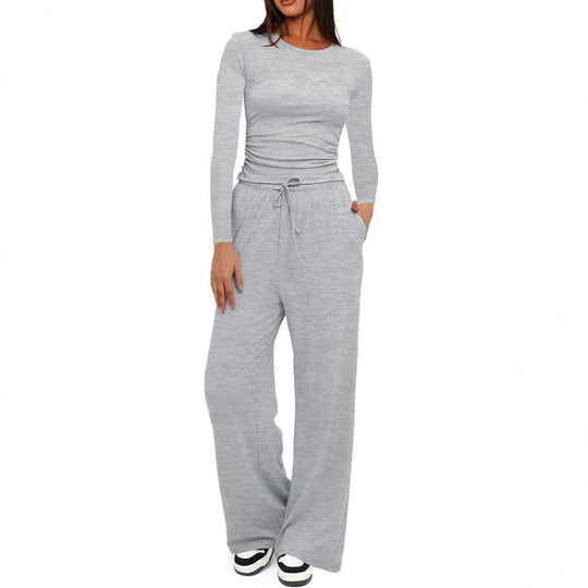 Damen Figurbetontes Longsleeve mit seitlicher Raffung und High-Waist Palazzo-Jogginghose Set Shop Nory