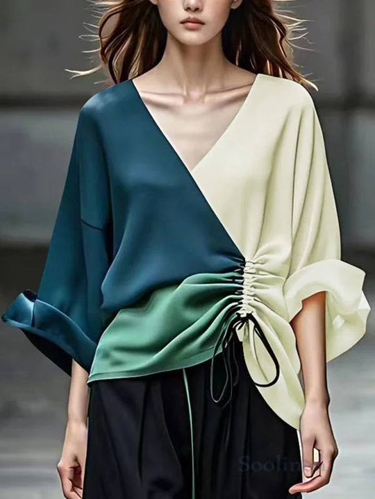 Damen Bluse mit V-Ausschnitt und seitlicher Raffungs-Kordel Shop Nory