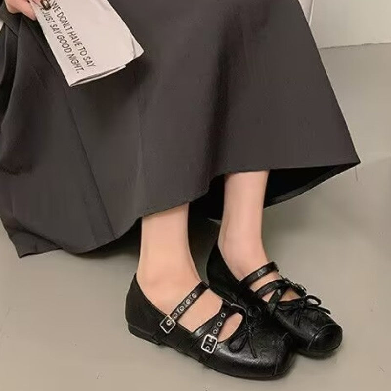 Damen Ballerina-Schuhe mit dekorativen Doppelschnallen und modischen Schleifen