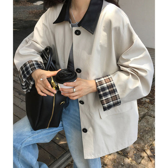 Damen Oversized Trenchcoat mit Kontrastkragen und karierten Umschlagmanschetten Shop Nory