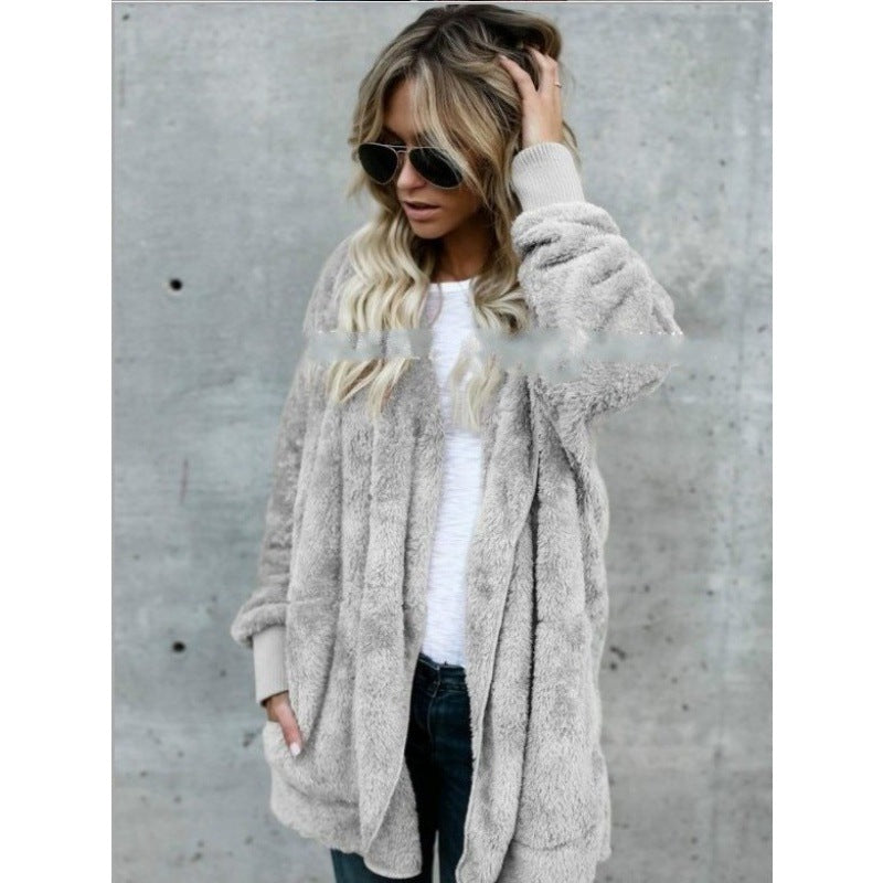 Damen Kuschelige Teddy‑Fleece‑Cardigan mit Kapuze, Oversize‑Schnitt und aufgesetzten Taschen Shop Nory