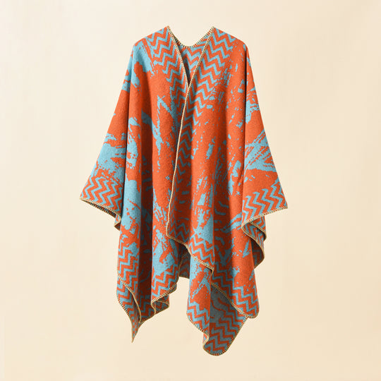 Damen Strick‑Ruana mit abstraktem Jacquard und Kettelsaum Shop Nory
