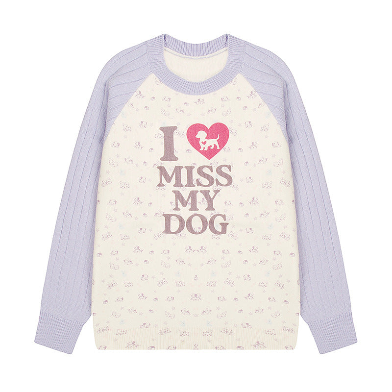 Damen Strickpullover mit Raglanärmeln, Allover-Hundemotiv und Statement-Print Shop Nory