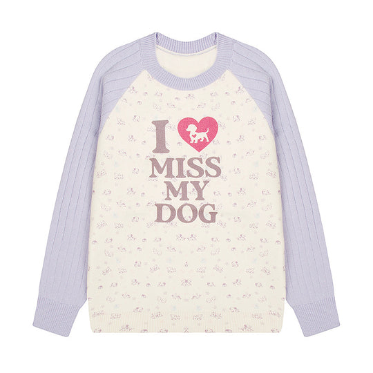 Damen Strickpullover mit Raglanärmeln, Allover-Hundemotiv und Statement-Print Shop Nory