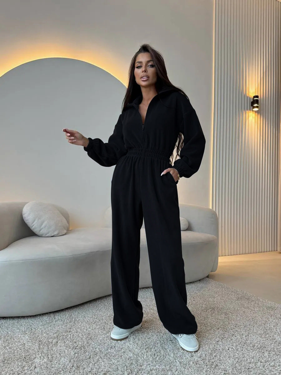 Damen eleganter Lounge-Overall mit elastischer Taillenpartie, Stehkragen, Reißverschluss und weitem Bein Shop Nory