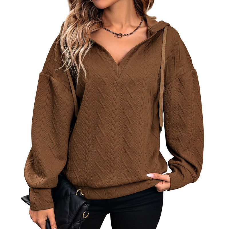 Damen Strukturiertes Zopfmuster-Kapuzen-Sweatshirt mit V-Ausschnitt und Ballonärmeln Shop Nory