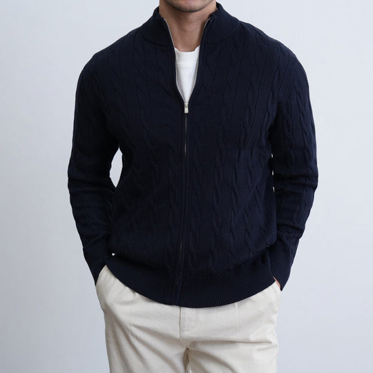 Herren Feiner Zopfmuster-Halbzip-Cardigan mit Rippkragen und silbernem Reißverschluss Shop Nory