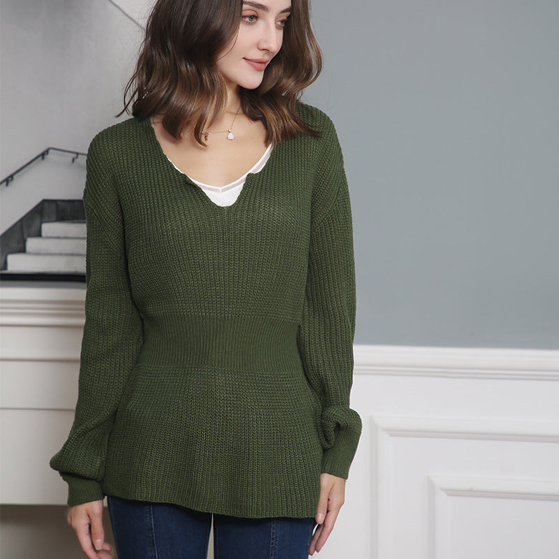 Damen Lockerer Feinstrick-Pullover mit V-Notch-Ausschnitt, Tailliertem Rippbund und Ballonärmeln Shop Nory