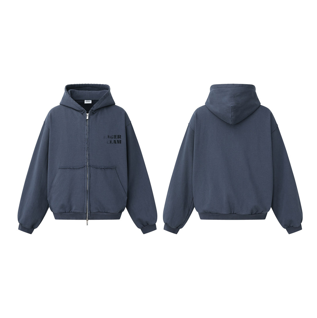 Unisex Oversized Zip-Hoodie im Boxy-Cut mit ausgefransten Saumkanten und Kängurutasche Shop Nory
