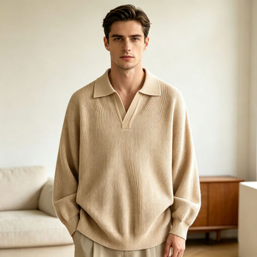Unisex Oversized Feinstrick-Polo-Pullover mit offenem V‑Ausschnitt und lässiger Silhouette Shop Nory