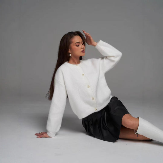 Damen Elegante Flauschige Strickjacke mit Perlenknöpfen Shop Nory