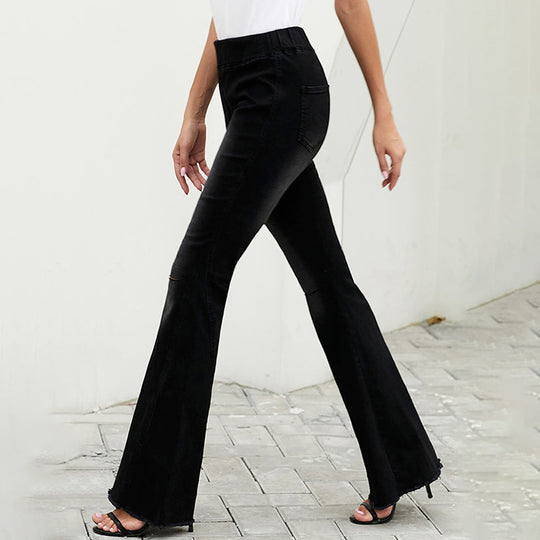 Damen hochtaillierte ausgestellte Denim-Hose mit elastischem Tunnelzugbund, Ziernähten und rohem Saum Shop Nory