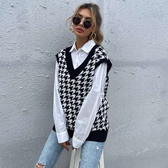 Damen Oversize Strickweste mit Hahnentrittmuster und V-Ausschnitt Shop Nory