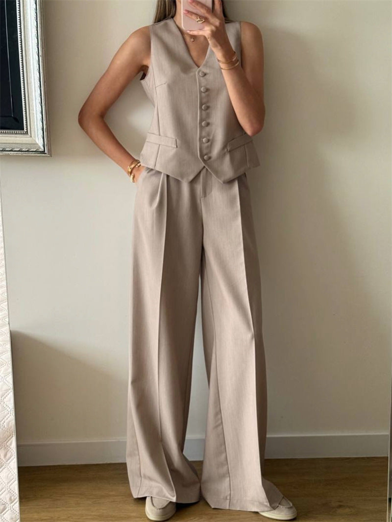 Damen elegantes 3-teiliges Anzug-Set mit ärmelloser Weste und weiten Hosen Shopnory