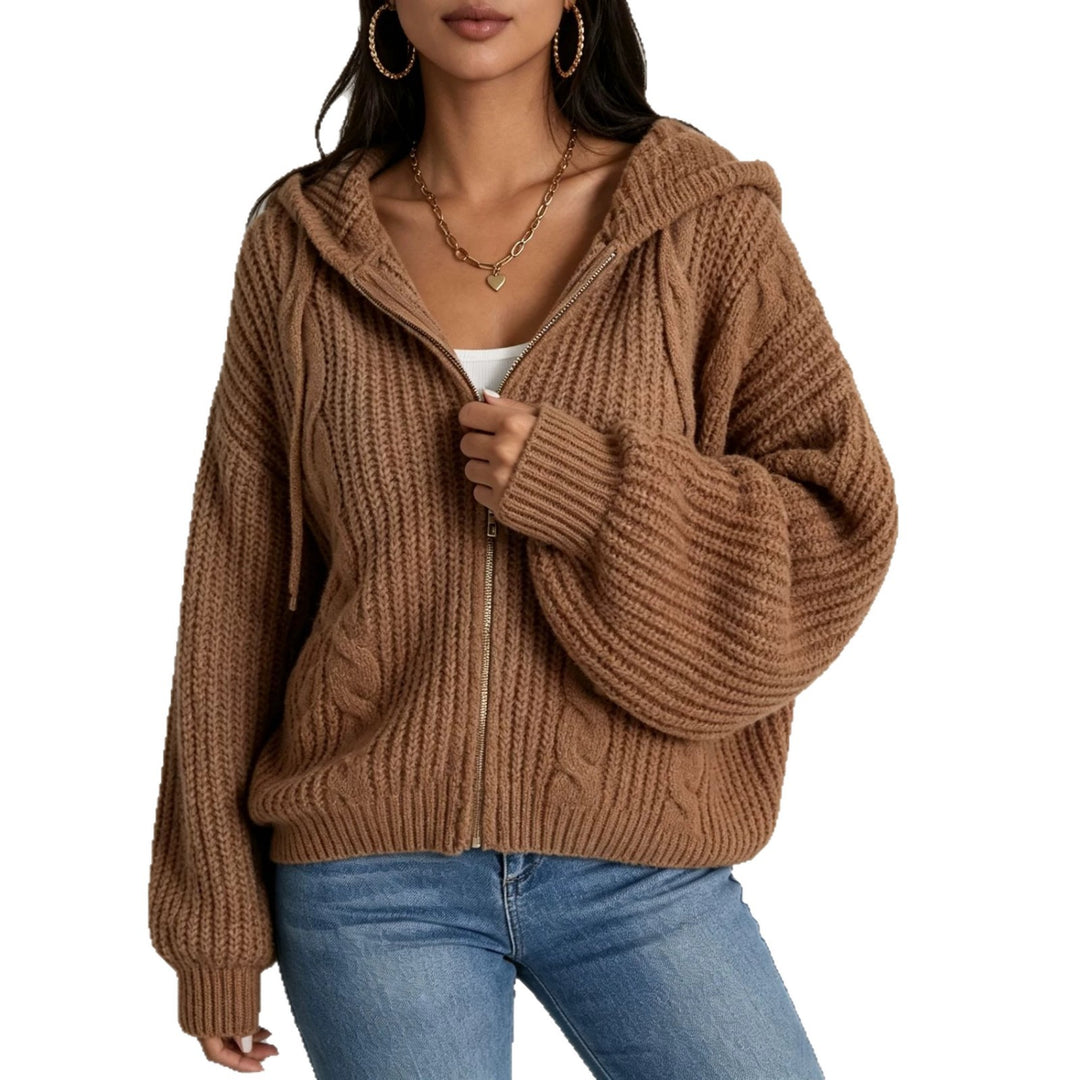 Damen Kapuzen-Cardigan im Grobstrick mit Zopfmuster und Reißverschluss Shop Nory
