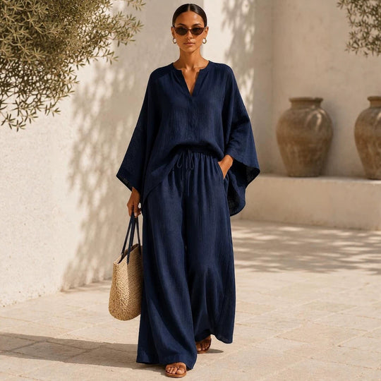 Damen Leichte Leinenmischung Übergroße Kaftan-Oberteil und Kordelzug Weitbein-Hosen Set Shop Nory