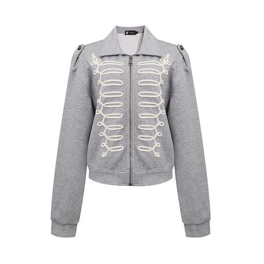 Damen Sweatjacke mit dekorativer Zierkordel, Reißverschluss und Schulterpatten Shop Nory