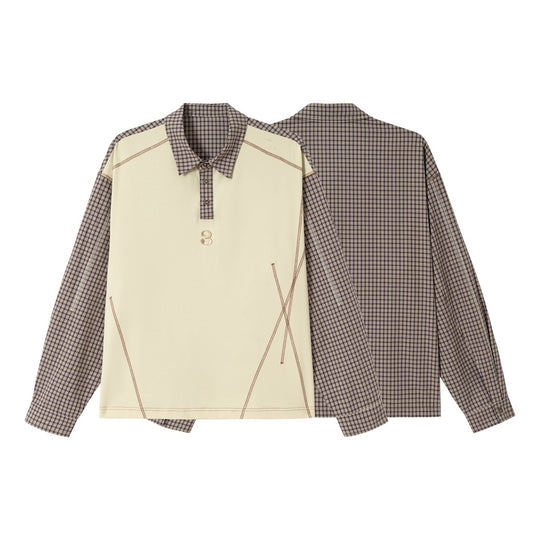 Unisex Oversize Langarm-Poloshirt mit karierten Ärmeln, Hemdkragen und dekorativen Steppnähten Shop Nory