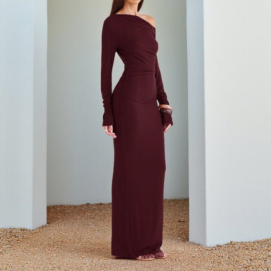 Damen One-Shoulder Abend-Maxikleid mit langem Arm und taillierter Drapierung Shop Nory