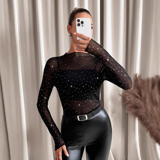 Damen nan transparentes Langarm-Netzshirt mit Strassapplikationen und integriertem Untertop