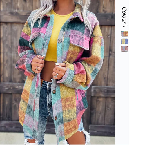 Damen Karo Oversize-Hemdjacke aus weichem Wollmaterial mit praktischen Taschen Shopnory