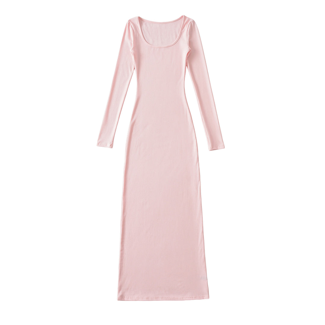 Damen Figurnahes geripptes Midikleid mit weitem Rundhalsausschnitt und langen Ärmeln Shop Nory
