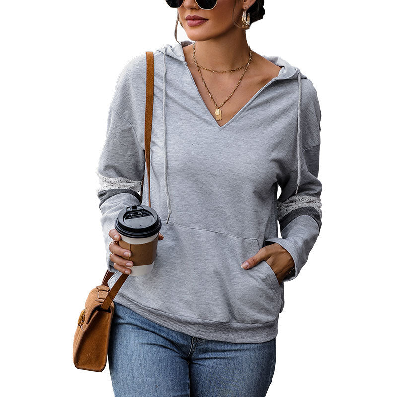 Damen Kapuzenpullover mit V‑Ausschnitt, Kängurutasche und kontrastierenden Ärmeln Shop Nory
