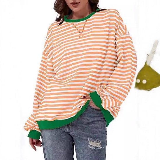 Damen Lässiges Oversize-Streifen-Sweatshirt mit Raglanärmeln und Kontrastbündchen Shop Nory