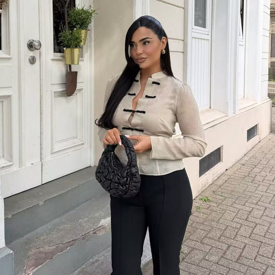 Damen Kurzjacke mit Stehkragen, chinesischen Kordelverschlüssen und Nadelstreifen Shop Nory