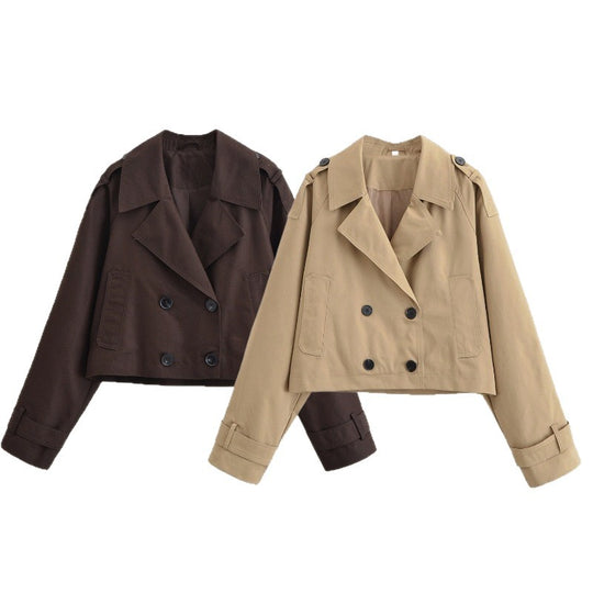 Damen Cropped Manteljacke im Trenchstil mit doppelreihiger Knopfleiste und Schulterklappen Shop Nory