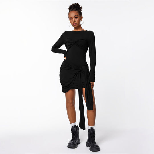 Damen figurbetontes Minikleid mit asymmetrischer Knotendrapierung, taillierter Raffung und langem Ärmelschal Shop Nory
