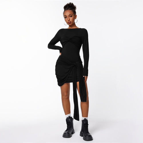 Damen figurbetontes Minikleid mit asymmetrischer Knotendrapierung, taillierter Raffung und langem Ärmelschal Shop Nory