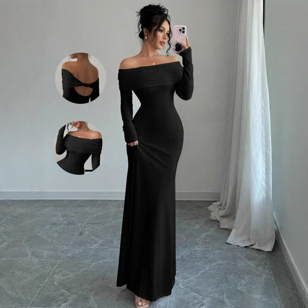 Damen Elegantes Off-Shoulder-Maxikleid mit figurbetontem Schnitt und langen Ärmeln
