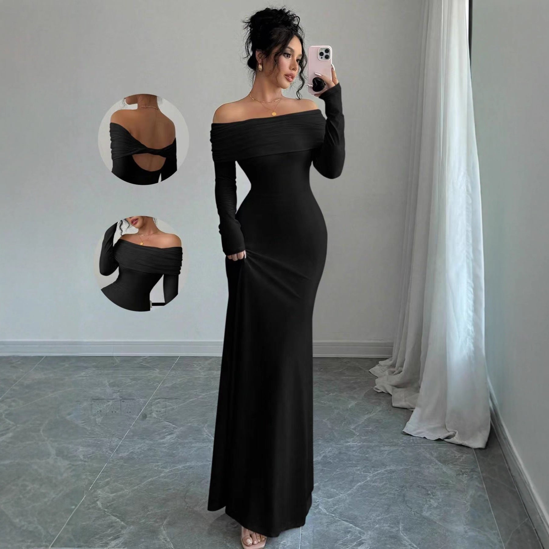 Damen Elegantes Off-Shoulder-Maxikleid mit figurbetontem Schnitt und langen Ärmeln