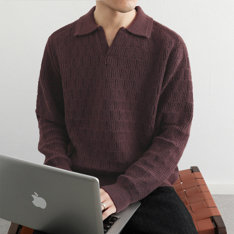 Herren Feinstrick-Polo-Pullover mit Strukturstrick und offenem V-Ausschnitt Shop Nory