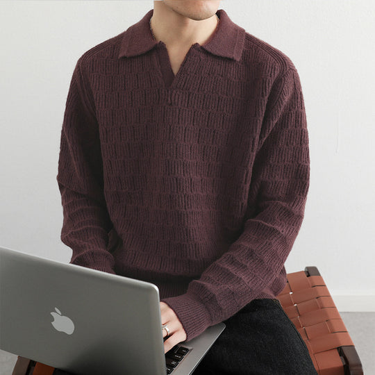 Herren Feinstrick-Polo-Pullover mit Strukturstrick und offenem V-Ausschnitt Shop Nory