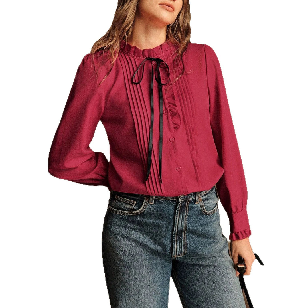 Damen Rüschenbluse mit Stehkragen, Längsfalten und Schleifenband Shop Nory