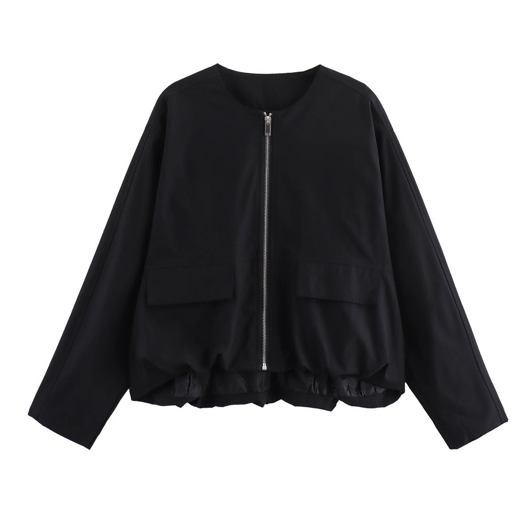 Damen Leichte Cropped-Workerjacke ohne Kragen mit Frontreißverschluss und Pattentaschen Shop Nory