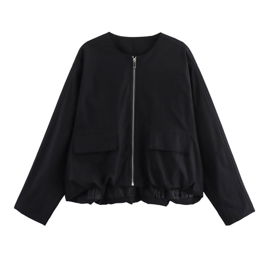 Damen Leichte Cropped-Workerjacke ohne Kragen mit Frontreißverschluss und Pattentaschen Shop Nory