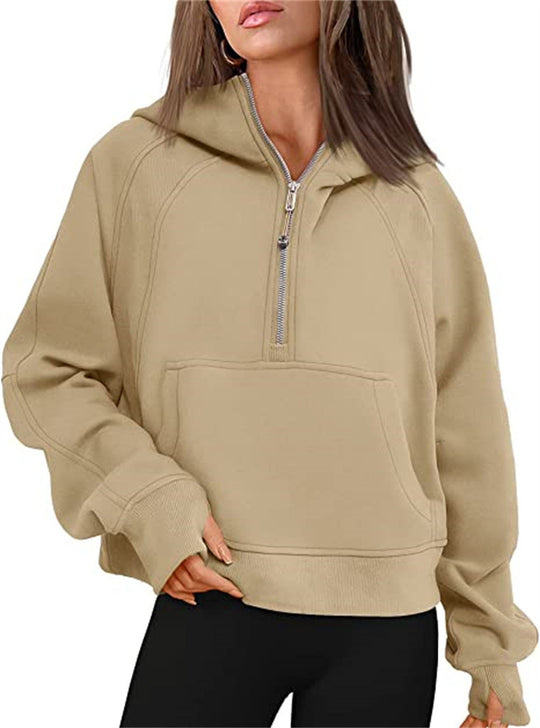 Damen Oversize-Hoodie mit halbem Reißverschluss, Kängurutasche und Daumenlöchern Shop Nory