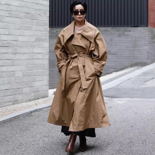 Damen Voluminöser Trenchcoat im Oversize-Look mit weitem Wasserfallkragen und Taillenbindegürtel Shop Nory