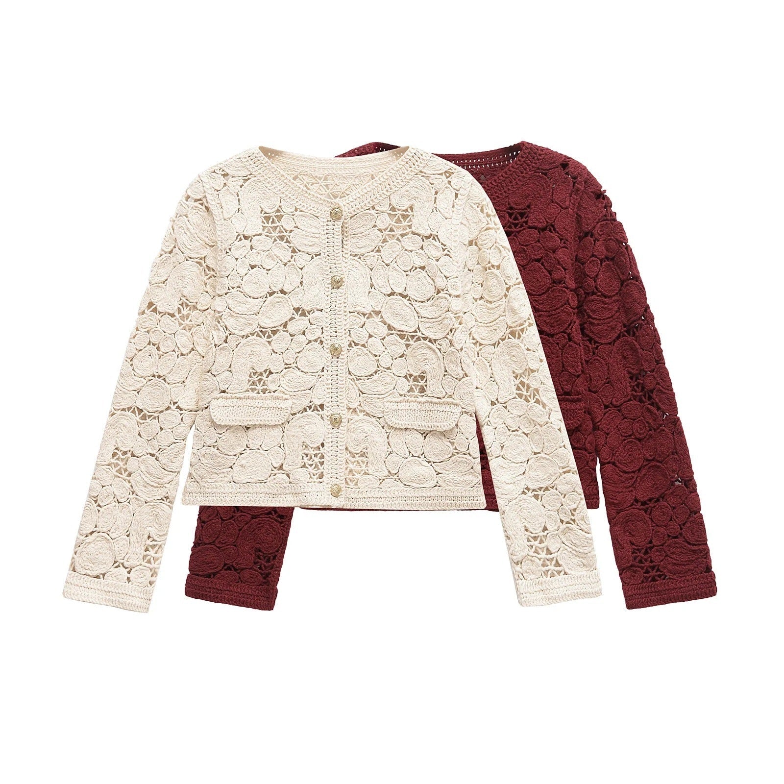 Damen Strickjacke Aus Feiner Spitze mit Dekorativen Knopfdetails und Eleganter Silhouette