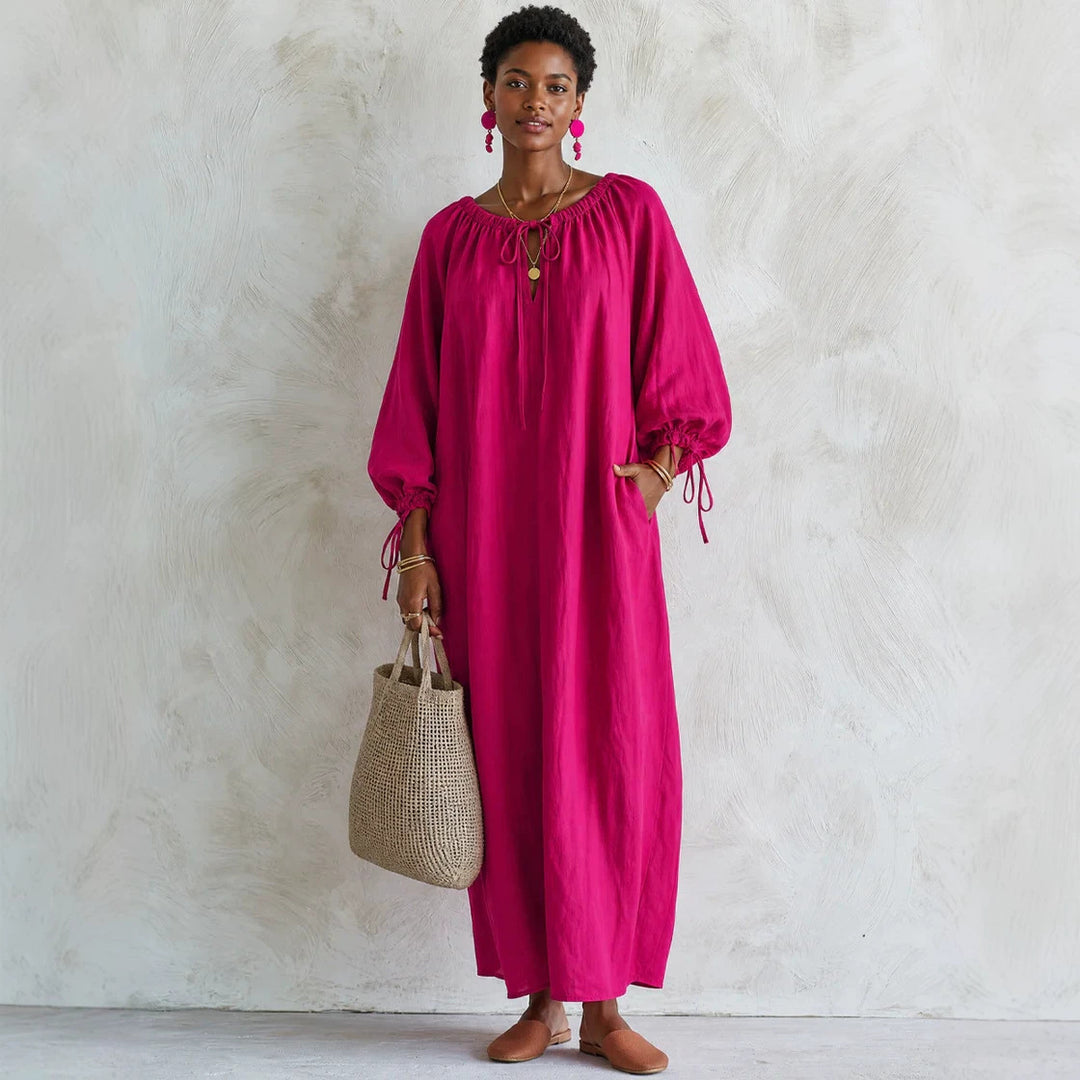 Damen Maxikleid im Kaftan-Stil mit gerafftem Rundhalsausschnitt, Ballonärmeln und Eingrifftaschen Shop Nory
