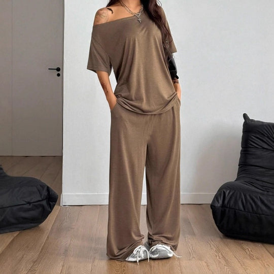 Damen Lässiges Lounge-Set aus weichem Jersey mit weiter Palazzohose und schulterfreiem Oversize-Top Shop Nory