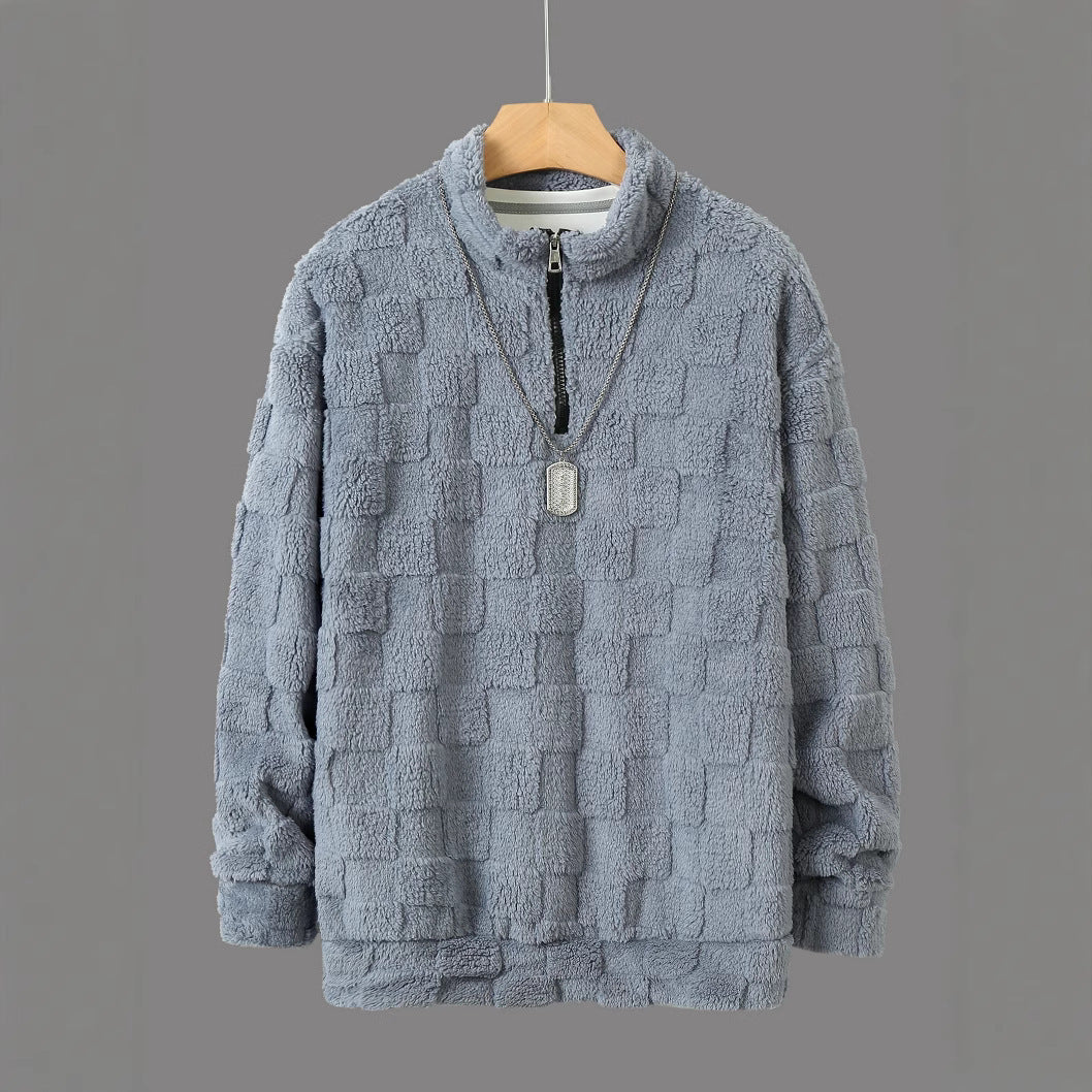 Herren karierter Sherpa-Halbzip-Pullover mit hohem Stehkragen und weicher Teddy-Fleece-Qualität Shop Nory