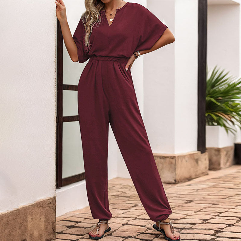 Damen Lässiger Jumpsuit mit Taillen-Smock, kurzem Fledermausärmel und elastischem Knöchelabschluss Shop Nory