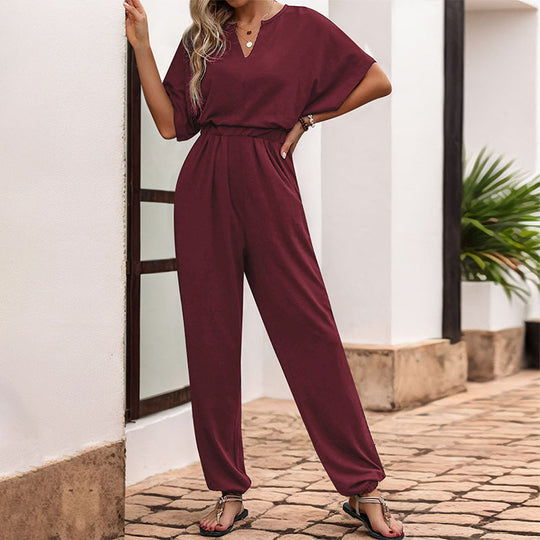 Damen Lässiger Jumpsuit mit Taillen-Smock, kurzem Fledermausärmel und elastischem Knöchelabschluss Shop Nory
