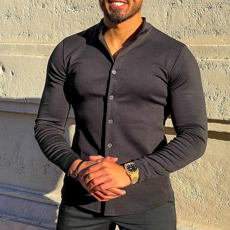 Herren Slim-Fit Langarmhemd mit Stehkragen und elastischem Jersey Shop Nory